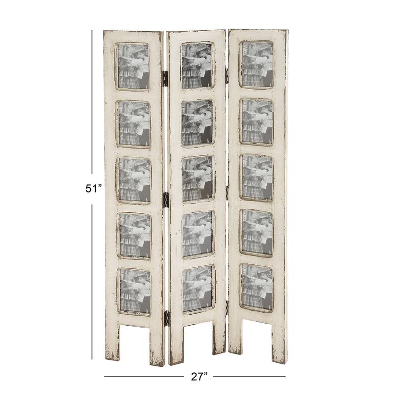 Wooden Hinged Foldable Partition 3 Panel Room Divider Screen with 15 Photo Slots - White - Roche River Decor - 1"Wx27"Lx51"H