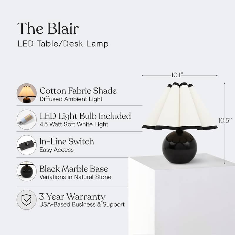 Brightech Blair 10.08 in. Polished Black Midcentury LED Globe Bedside Desk Table Lamp with White Cotton Empire Shade
