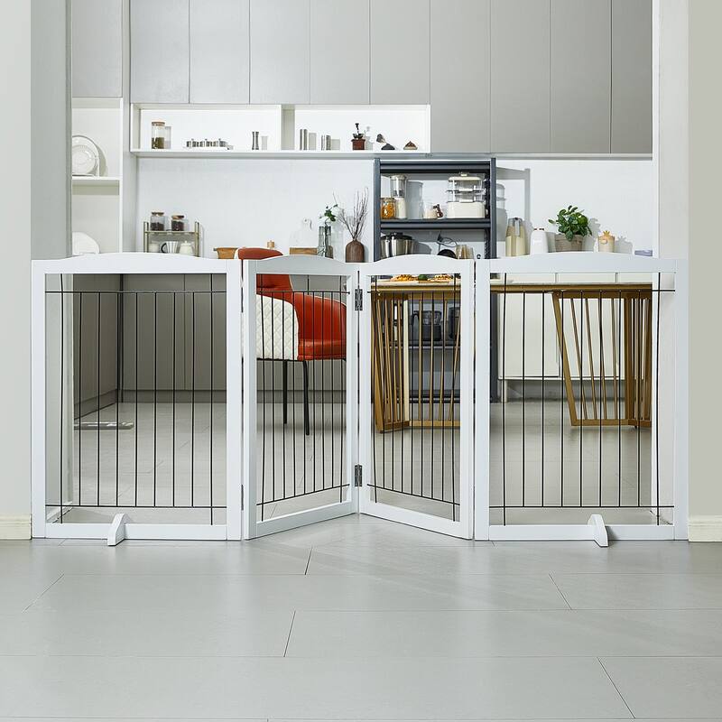 Modern 4 Panels Foldable and Expandable Freestanding Pet Gate with Footpads - 96.46 x 9.65 x 32.01 in