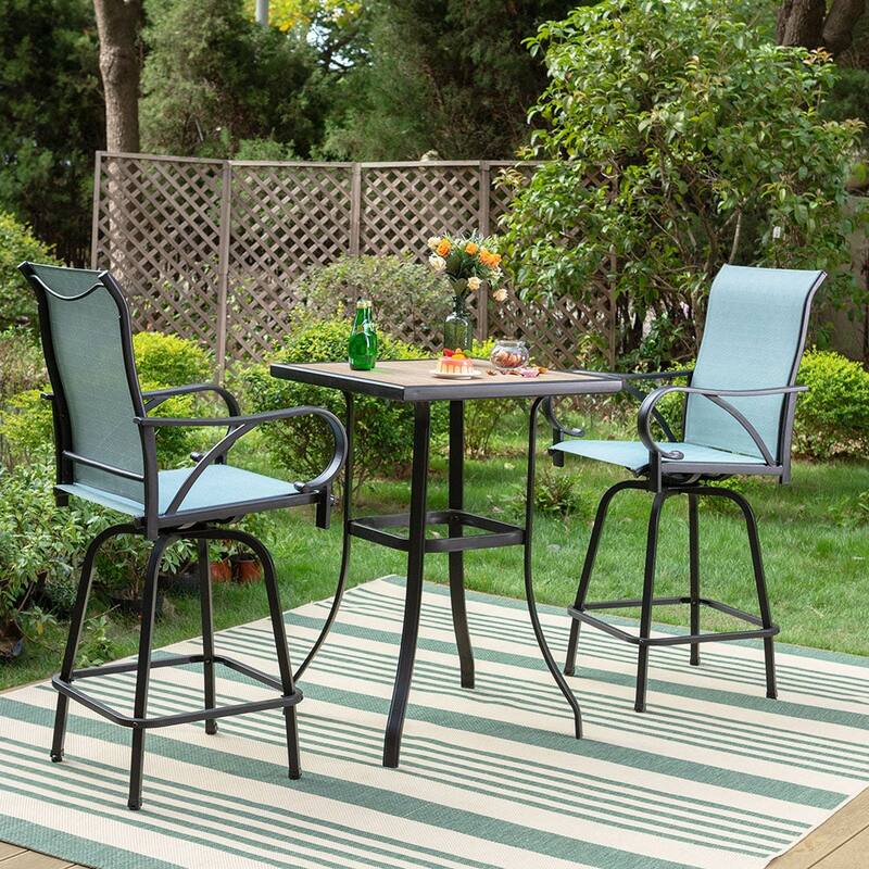 MAISON ARTS Aqua Textilene Swivel Patio Bar Stool Sets with Wood-look High Bar Table - Aqua