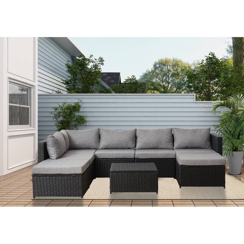 Polyethylene (PE) Wicker 7 - Person Seating Group with Cushions - Black