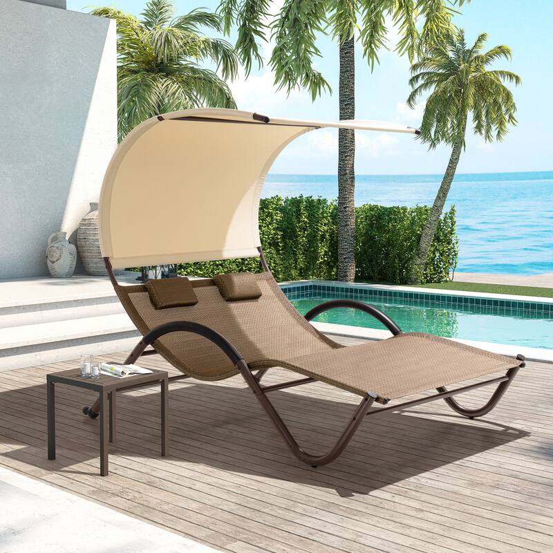 Outdoor Double Chaise Lounge Chair Double Sun Bed Lounger with Canopy Shade & Wheels - 72.83" D × 54.33" W ×65.35" H