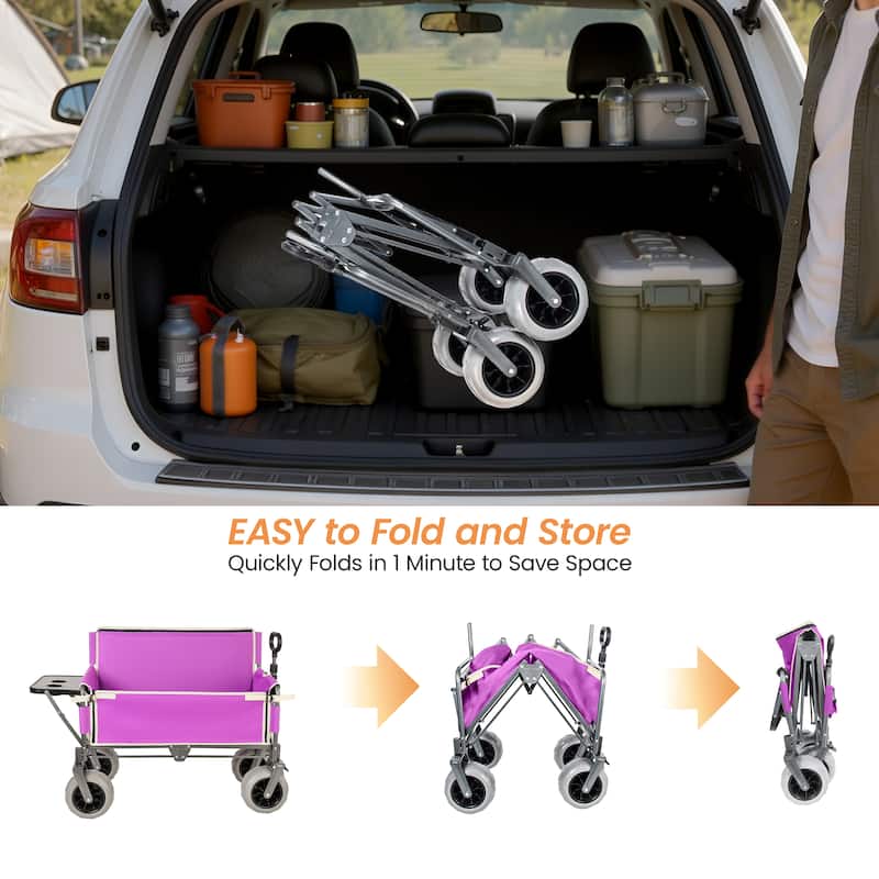 3-in-1 Collapsible Wagon, Convertible Folding Wagon Cart with Rear-Mounted Folding Tabletop, 500lbs Heavy-Duty, 180L Capacity