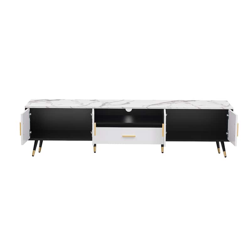 White+Black 70.8" TV Stand with 2 Cabinets and Open Compartments for TVs Up to 80"