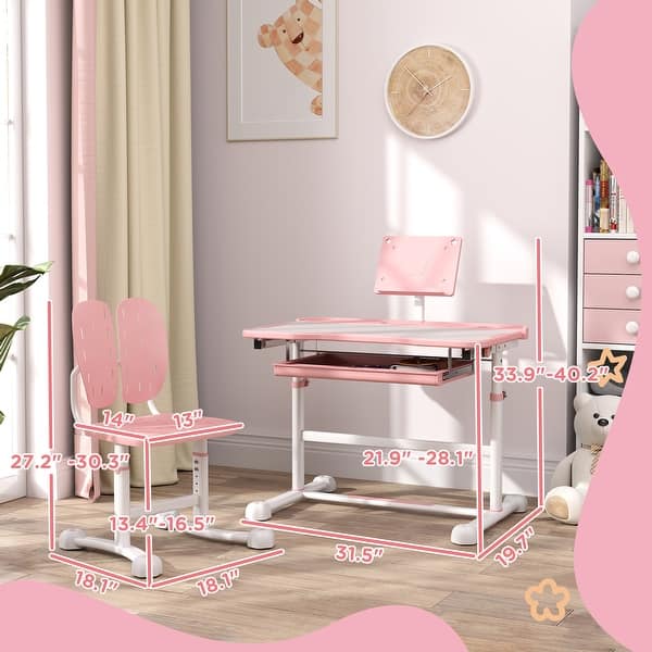 Qaba Kids Desk and Chair Set, Height Adjustable Kids School Study Desk and Chair Set with Tilt Desktop