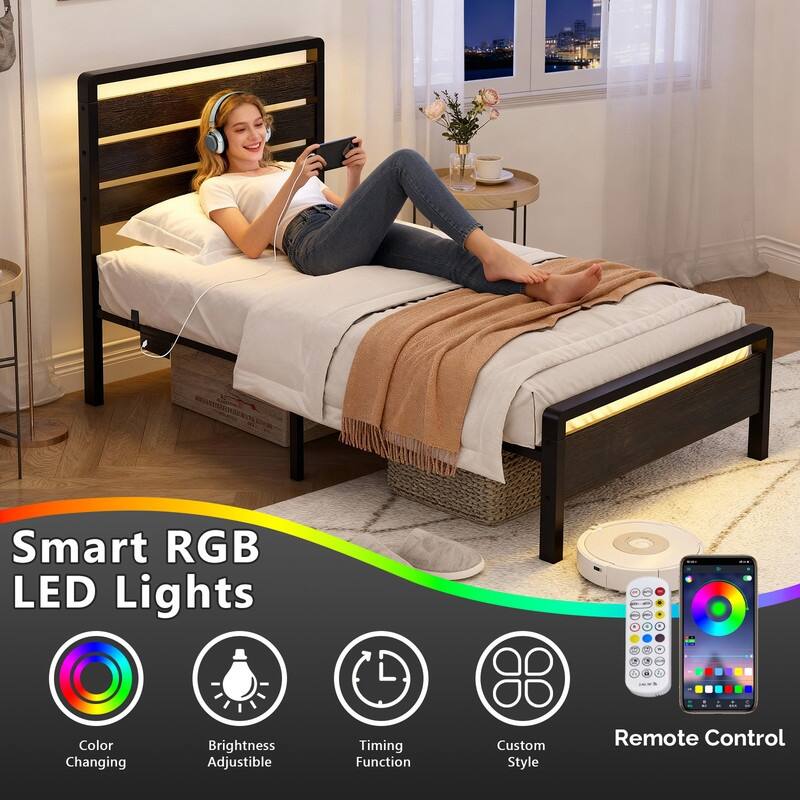 Bed Frame with LED Light and Charging Station, Metal Platform Bed with Wood Headboard
