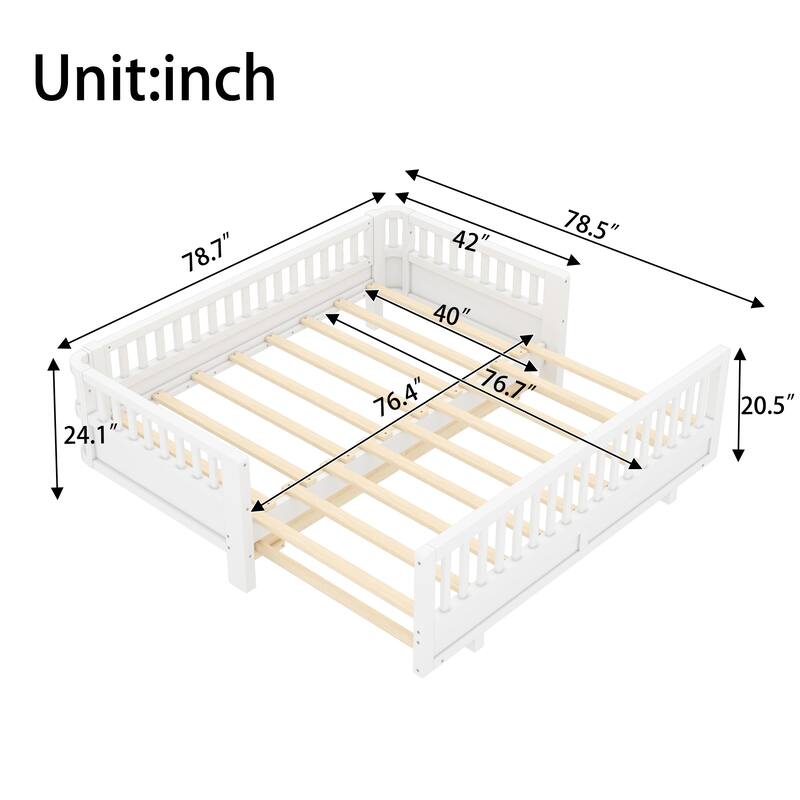Convertible Twin/Twin XL Solid Wood Platform Bed with Guardrails, Expands to Double Twin or Queen Size, Durable Frame