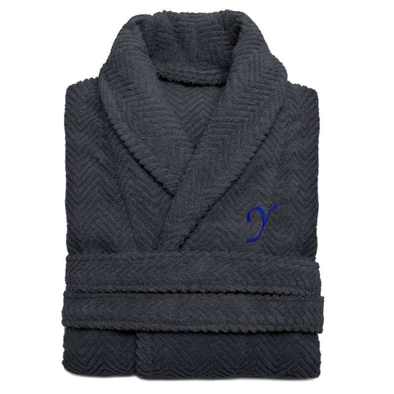 Authentic Hotel and Spa Charcoal Grey with Blue Monogrammed Herringbone Weave Turkish Cotton Unisex Bath Robe - S/M - Y
