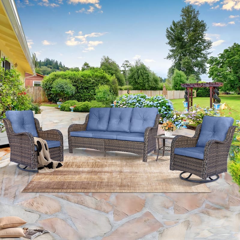 High Back Wicker Outdoor Patio Conversation Sets with Swivel Chairs - 4 Piece - Denim Blue
