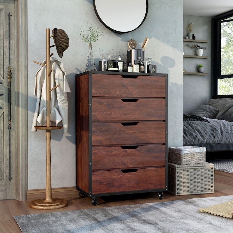 Aurville Vintage Walnut 5-Drawer Mobile Chest by Furniture of America