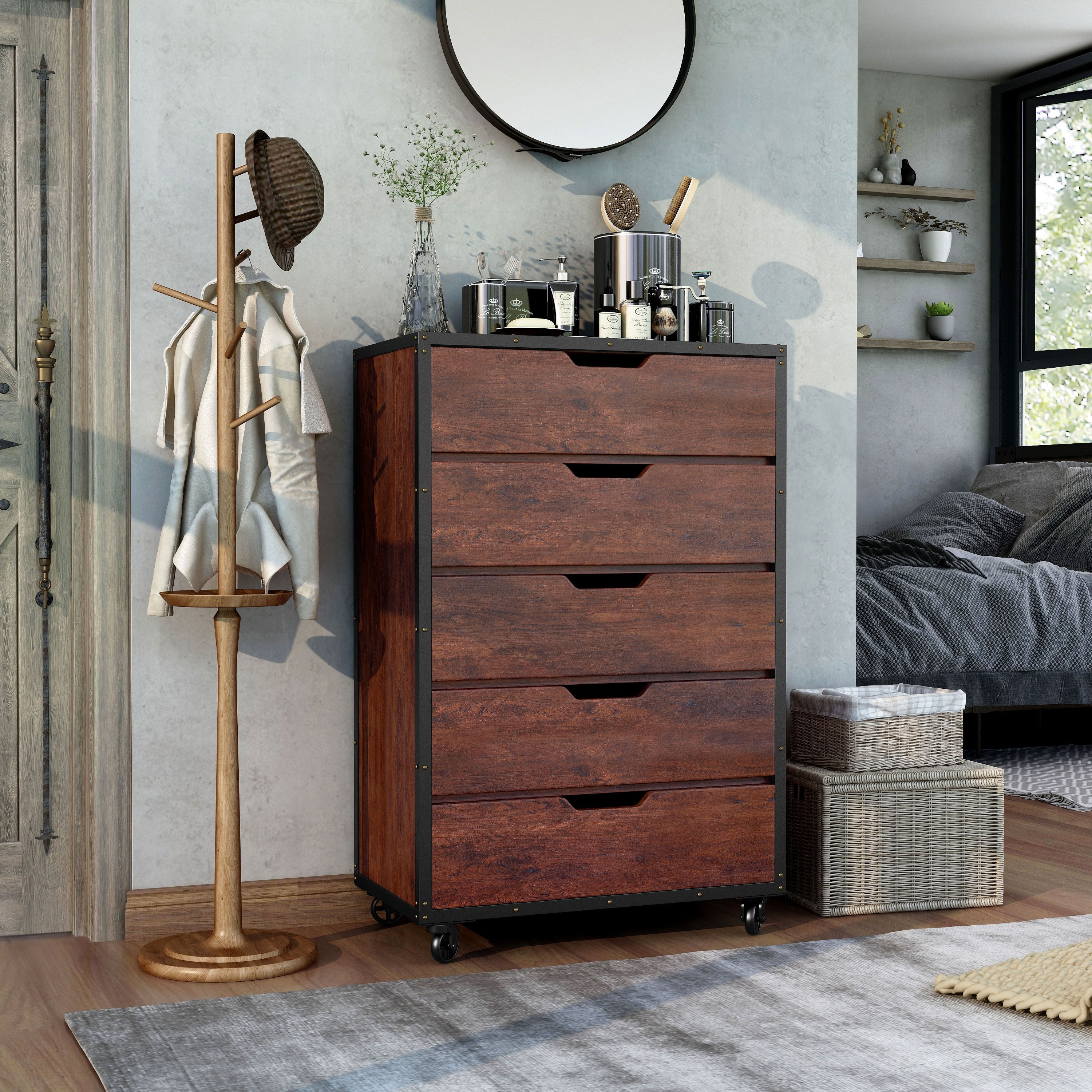 Furniture of America Aurville Vintage Walnut 5-Drawer Mobile Chest