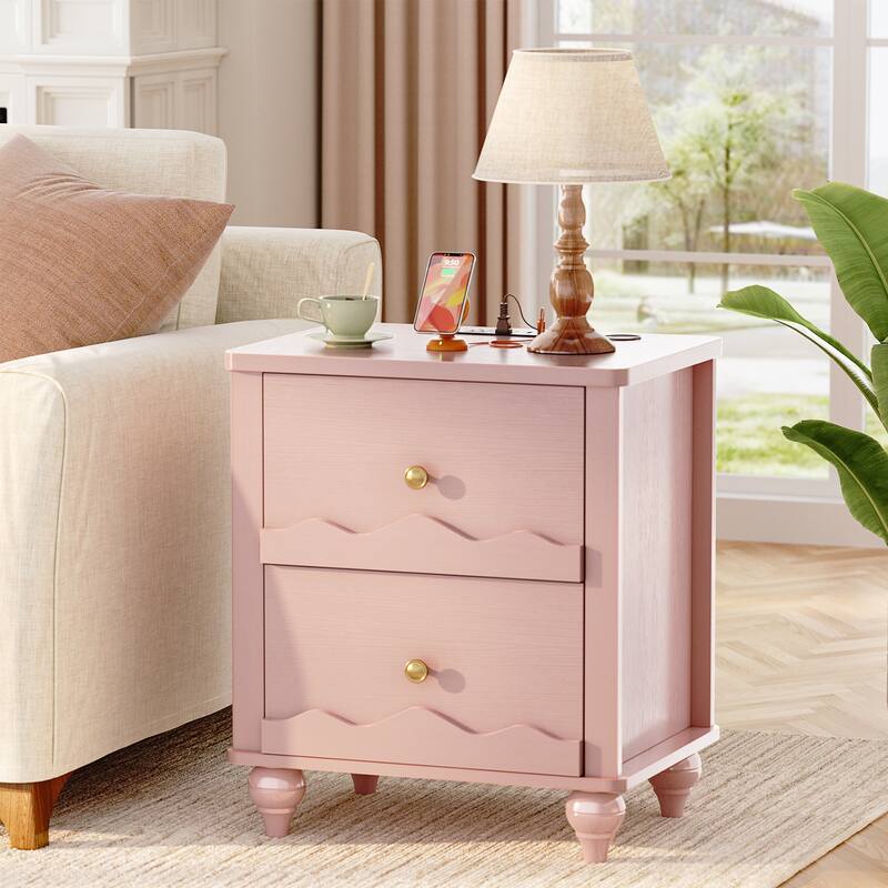 Modern Nightstand with Charging Station, Side End Table with 2 Drawers