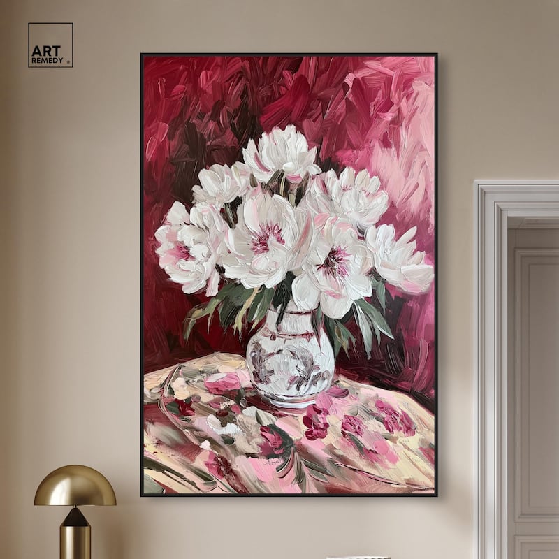 Peonies on Ruby Tide Canvas by Art Remedy
