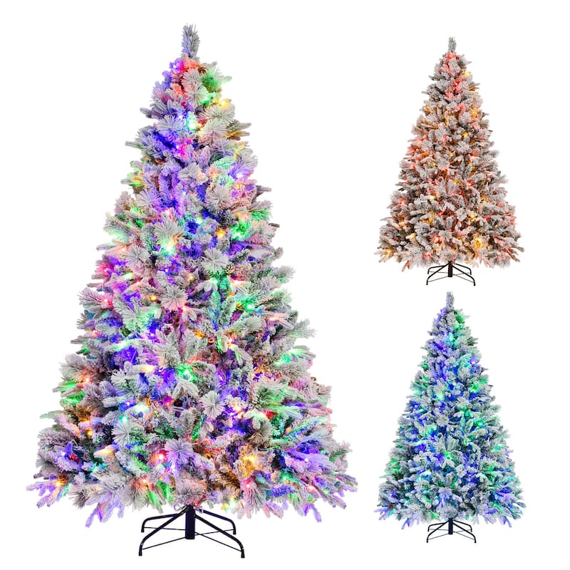 Gymax 4.5/6/7 FT Pre-Lit Artificial Christmas Tree Snow-Flocked Hinged