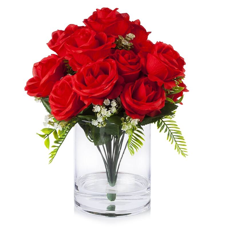 Enova Home Artificial 18 Heads Silk Roses Fake Flowers in Clear Glass Vase with Faux Water for Home Decoration - Red