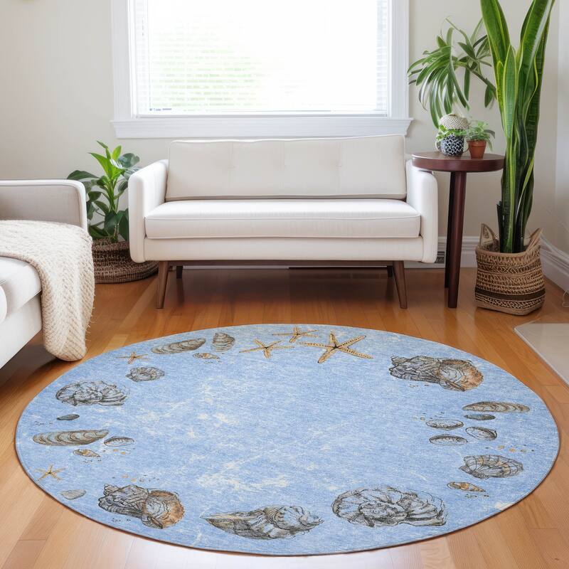 Premium Washable Super Soft Coastal Shell Border Mayfield Rug - Blue - 8' x 8' - Round