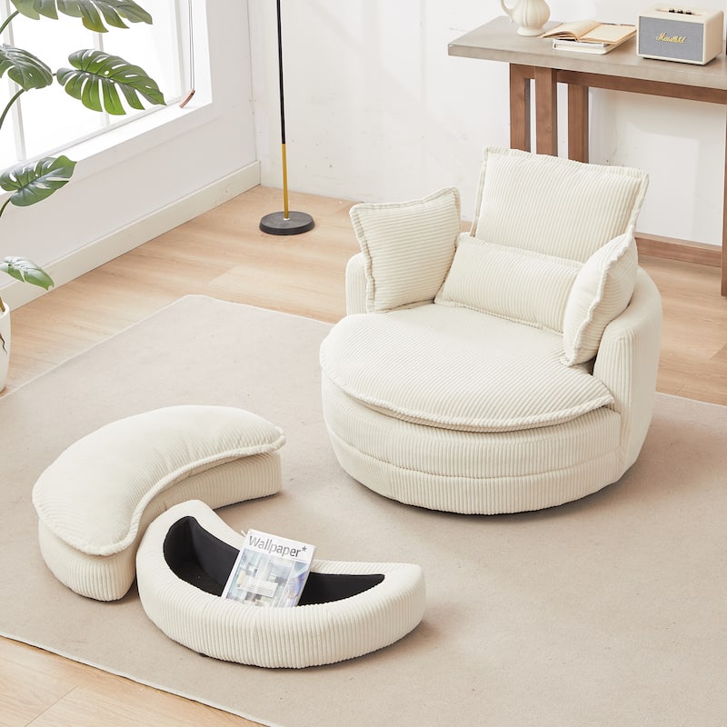 52" Upholstered Swivel Barrel Chair with Moon Storage Ottoman