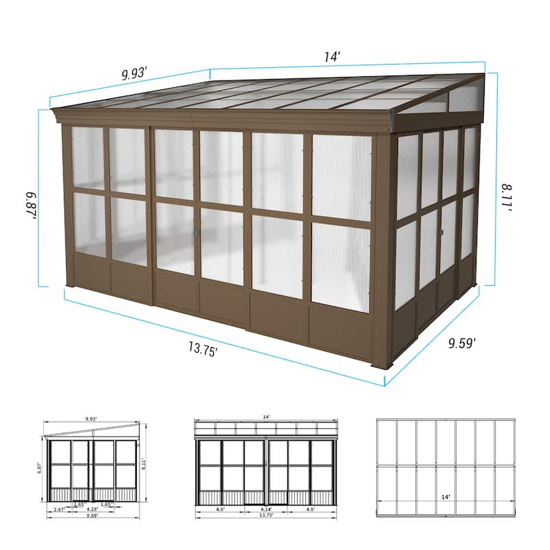 Lean-to Sunroom 10x14FT, Wall Mounted Solarium