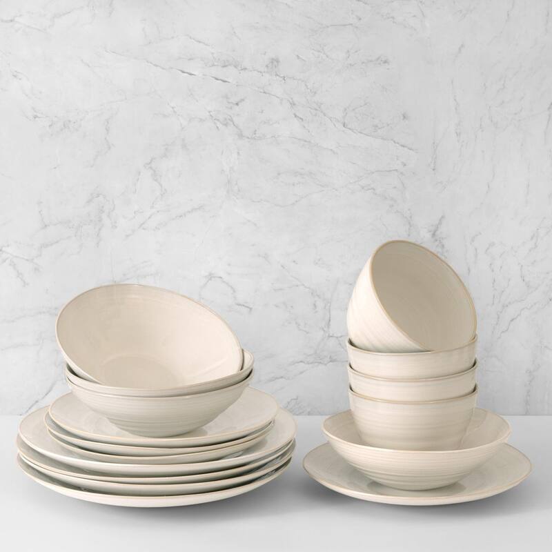 Euro Ceramica Neree 12 / 16 / 20 / 24 Piece Reactive Glaze Stoneware Dinnerware Set - Ivory - Service for 4 - 16 Piece