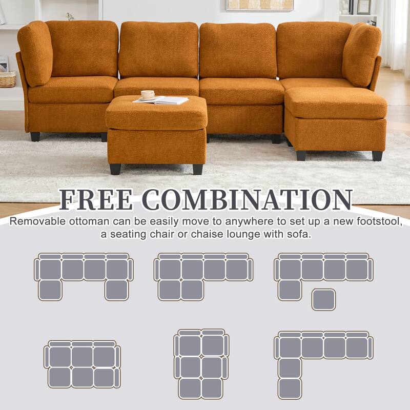 HOMEFUN 6-Seat Polyester Upholstered U-Shaped Modular Storage Sleeper Sectional Sofa with Storage Ottoman