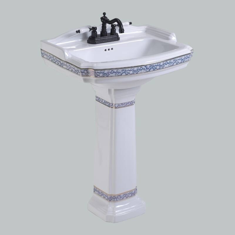 Decorative White Blue and Gold Bathroom Pedestal Sinks, 4" Centerset Faucet Holes