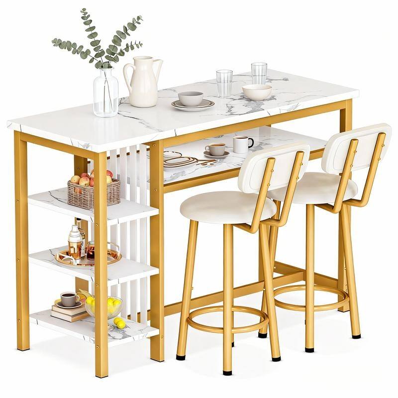 3-Piece Dining Room Table Set with 2 Upholstered Bar Stools, Modern Farmhouse Bar Table Set for 2 with Multiple Tier Shelves