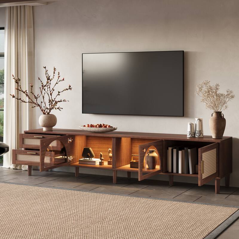 Entertainment Center with App Controlled LED Lights, 2 Drawers & Glass Door Storage