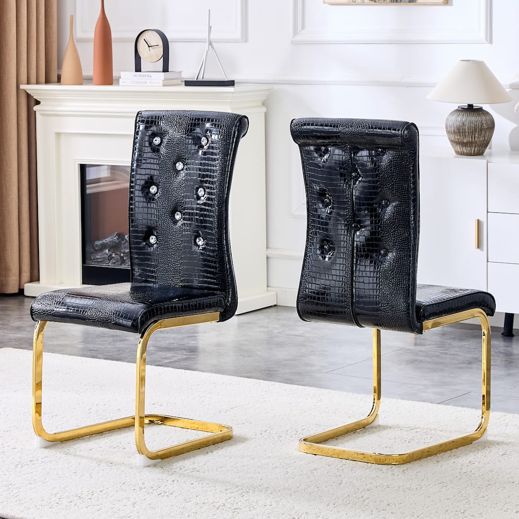 Set of 2, Retro Faux Alligator Skin Upholstered Dining Chairs, with Crystal Buckle Design and Faux Leather Design