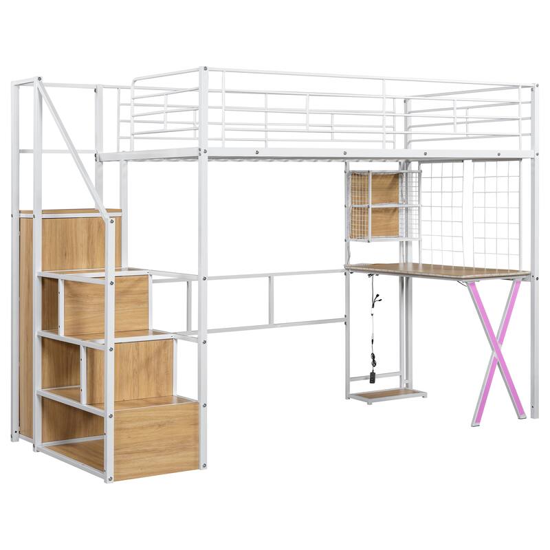 Twin Size Loft Bed with Workstation, Wardrobe, Storage Stairs, and LED Lights, White