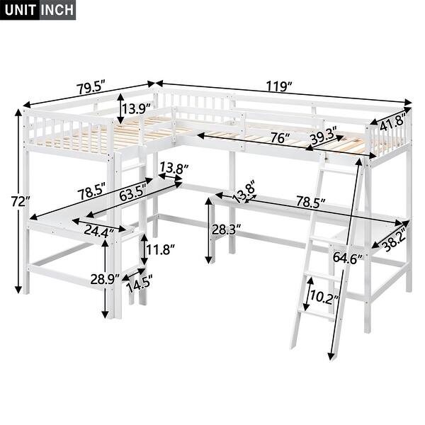dimension image slide 0 of 2, Twin L-Shaped Loft Bed with Desks, Gray