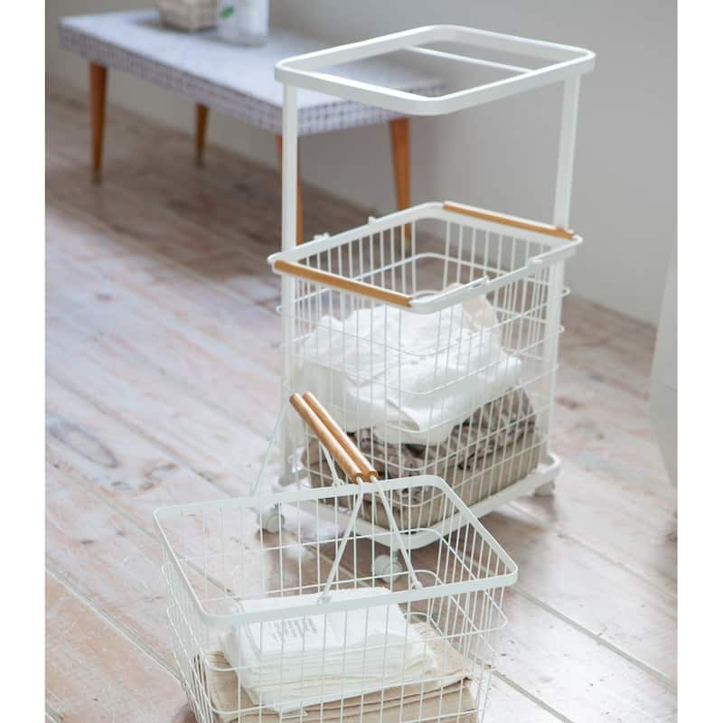 Yamazaki Home Rolling Laundry Cart, Steel & Wood, Short, Holds 26.4 lbs, Wheels - L 11.42 x W 15.75 x H 27.36 inches