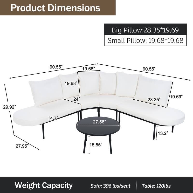 Half-moon Furniture Sofa Set Curved Sectional Sofa with Chaise Lounge and Round Coffee Table, Iron Frame Conversation Set