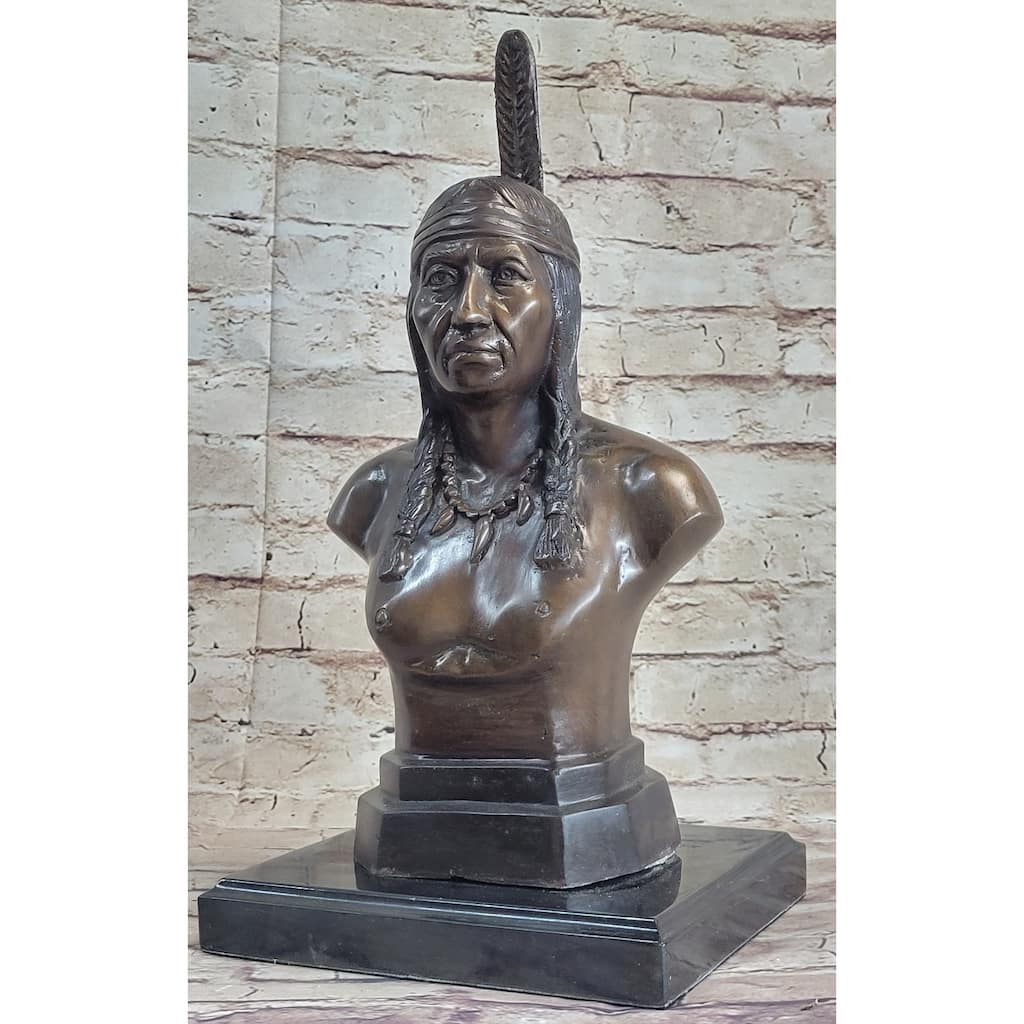 Bronze Bust Native American Indian W/ Braided Hair Statue On Marble Base 12 Inches X 7 Inches