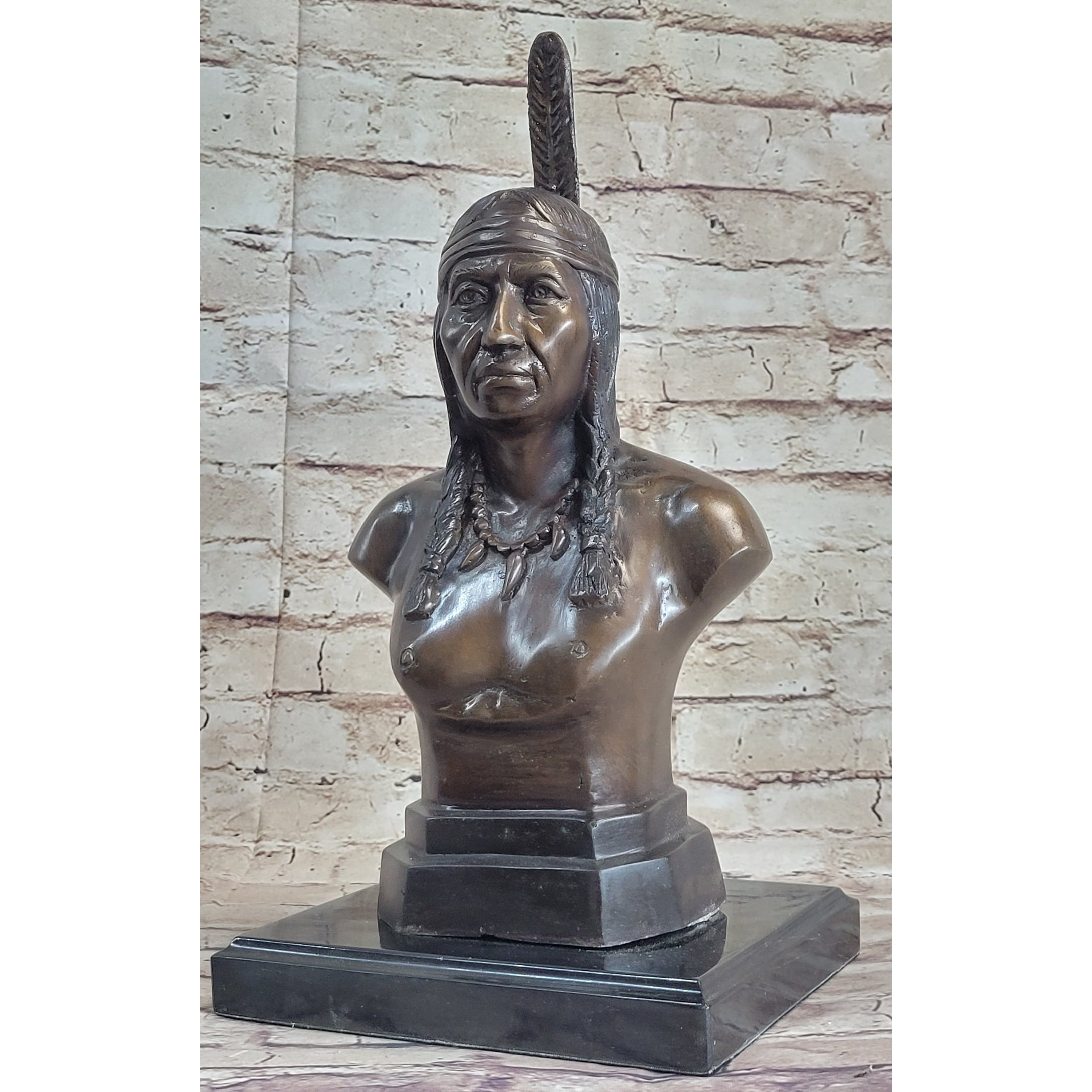 Bronze Bust Native American Indian W/ Braided Hair Statue On Marble Base 12 Inches X 7 Inches