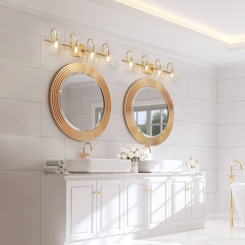 Liniya 4-light Modern Large Size 29'' Bathroom Vanity Light Brass Gold with Horn Seeded Glass