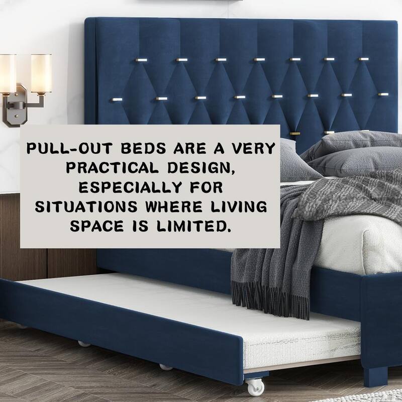 Modern Velvet Queen Bed with Twin Trundle and 2 Storage Drawers in Blue