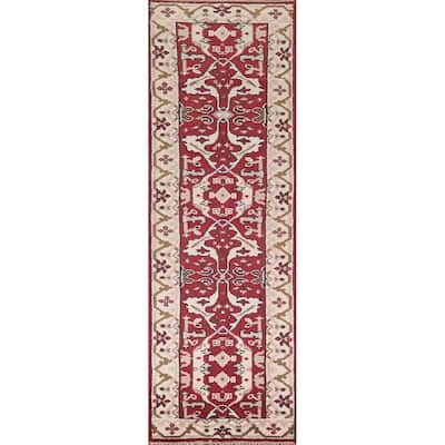 All-Over Red & Ivory Oushak Indian Runner Rug Handmade Wool Carpet - 2'6"x 9'9"