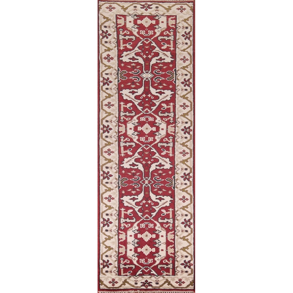 All-Over Red & Ivory Oushak Indian Runner Rug Handmade Wool Carpet - 2'6"x 9'9"