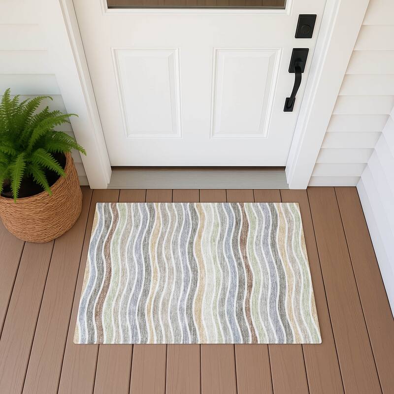 Machine Washable Indoor/ Outdoor Contemporary Stripe Chantille Rug - Taupe - 1'8" x 2'6"