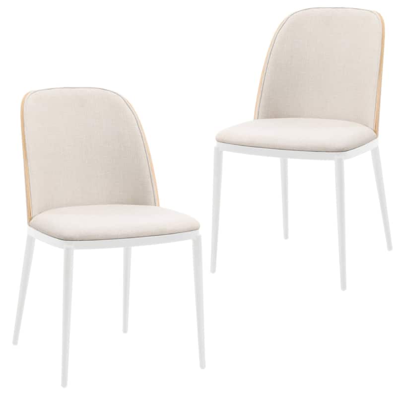 LeisureMod Tule Dining Chair with Upholstered Seat and White Steel Frame, Set of 2 - Natural Wood/Beige
