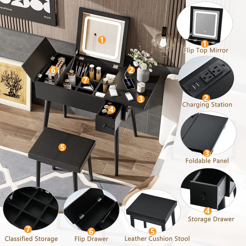 27.9'' Black Makeup Vanity Desk with Flip Top Mirror and LED Light, Dressing Table with Charging Station
