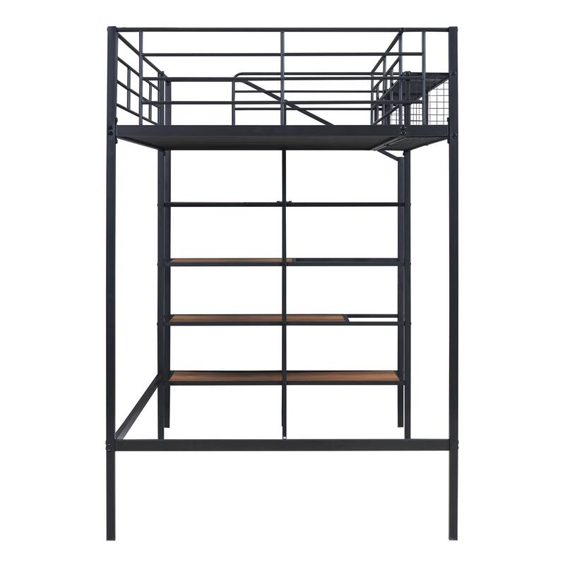 Twin Size Metal Loft Bed with Upper Grid Storage Shelf and Lateral