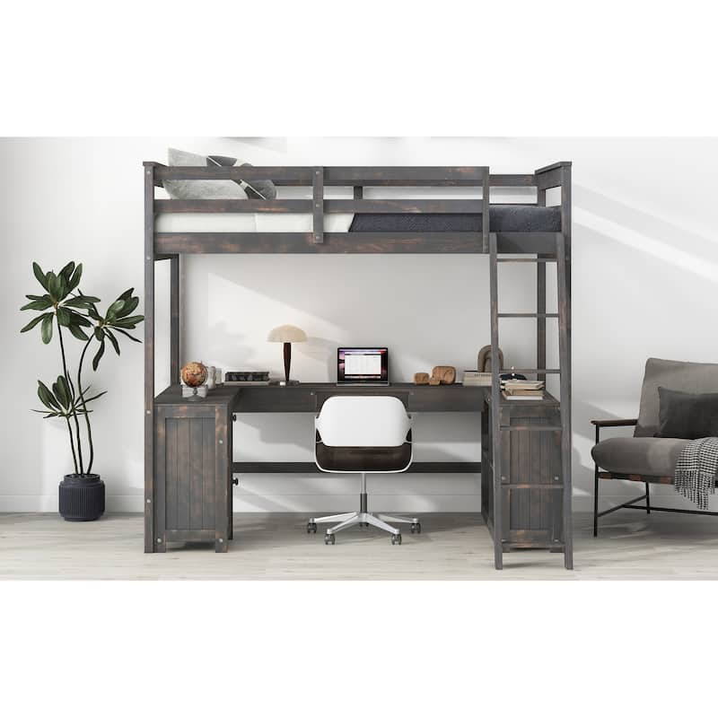 Full Loft Bed with U-Shaped Desk, Storage Drawers, Shelves, and Guardrails, Perfect for Kids and Teens, No Box Spring Needed