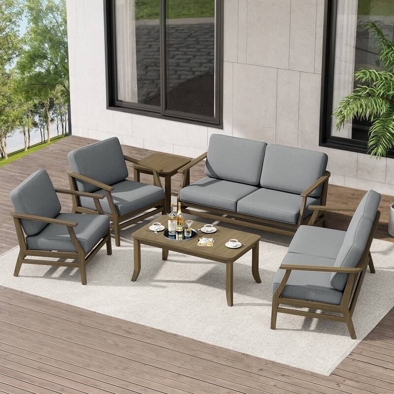 Teak Outdoor Patio Conversation Set with Cushions and Tables (6-Piece)