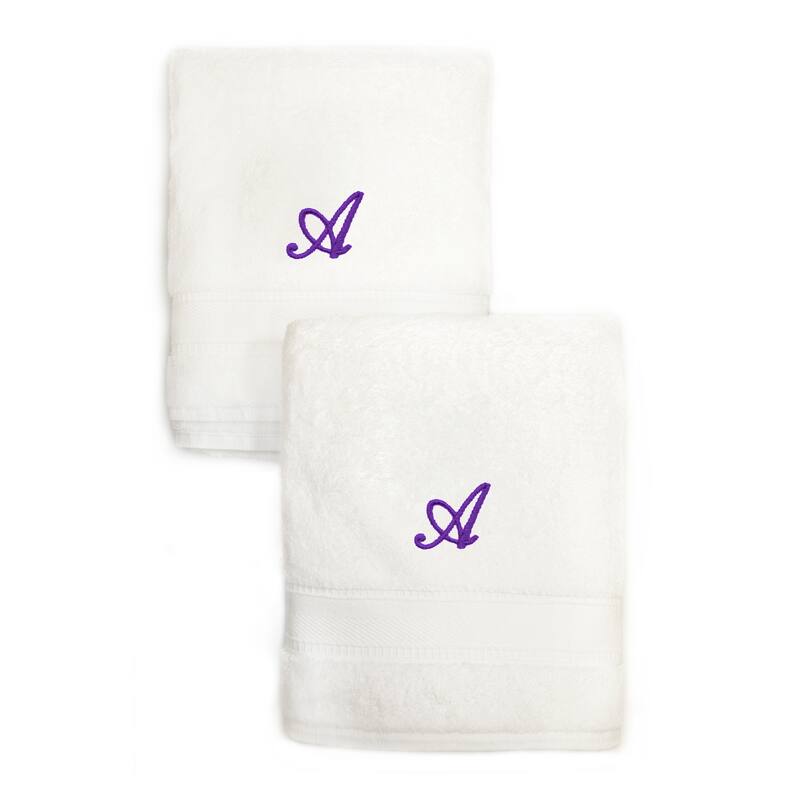 Sweet Kids 2-piece White Turkish Cotton Hand Towels Personalized with Lavender Purple Monogrammed Initial - White - A