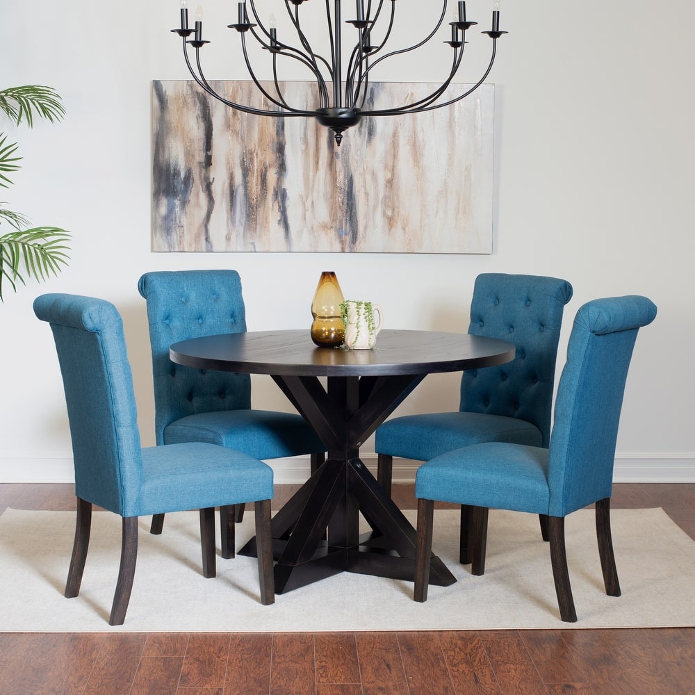 Modern 5-Piece Dining Set with Round Cross Base Table & 4 Tufted Chairs