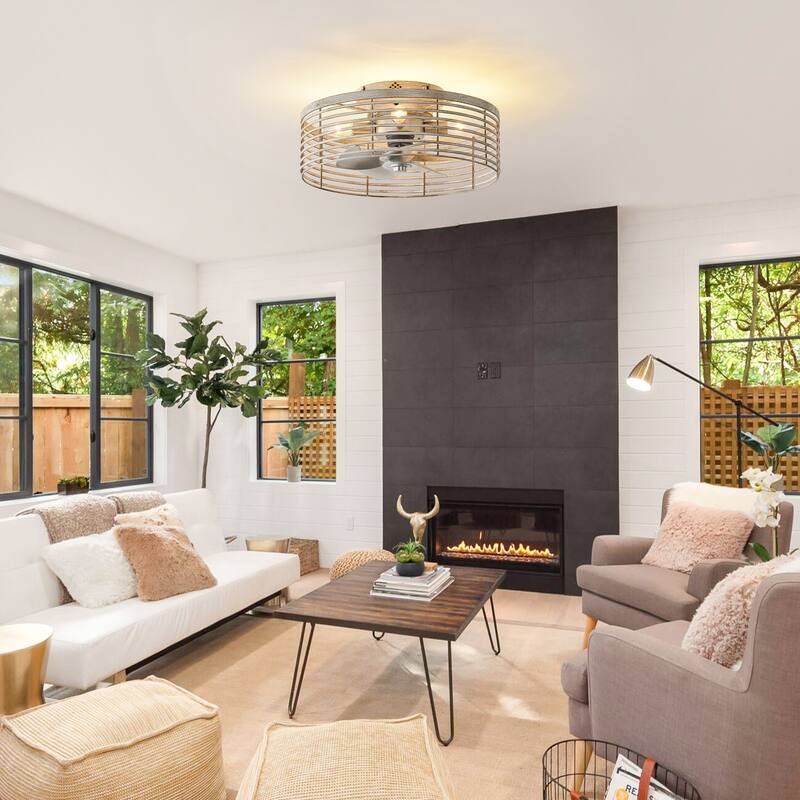 18" Antique White Caged 4-Light Low-Profile Flush Mount Ceiling Fan with Remote