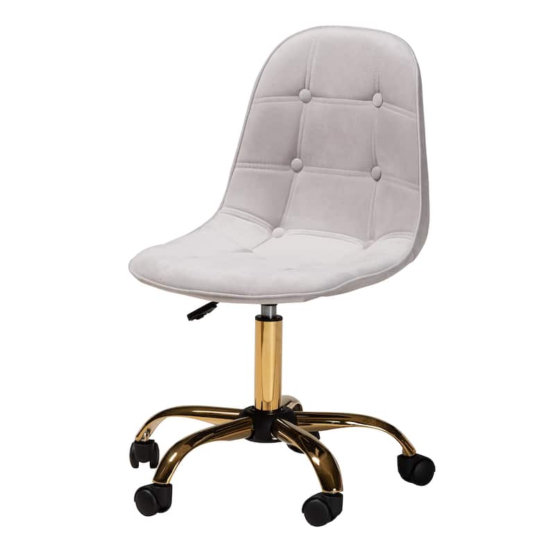 Kabira Contemporary Glam and Luxe Velvet Fabric and Gold Metal Swivel Office chair - Grey, Gold