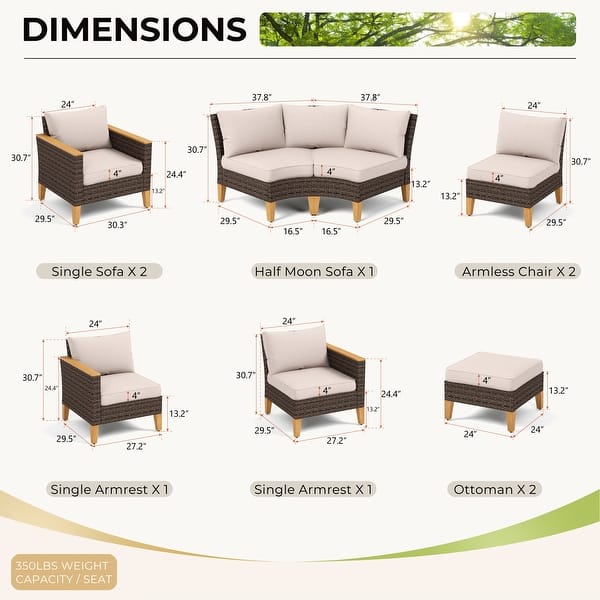 dimension image slide 4 of 13, 11-Piece Outdoor Wicker Half-Round Furniture Set, Half-Moon Sectional Sofa Set All Weather Rattan Curved Conversation Sets
