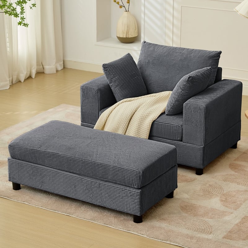 Mixoy 50 "D Sofa Chair with Ottoman, 2 Cushions, Large Corduroy Upholstered Comfy Chaise Lounge Deep Seat Sleeper Chair Indoor